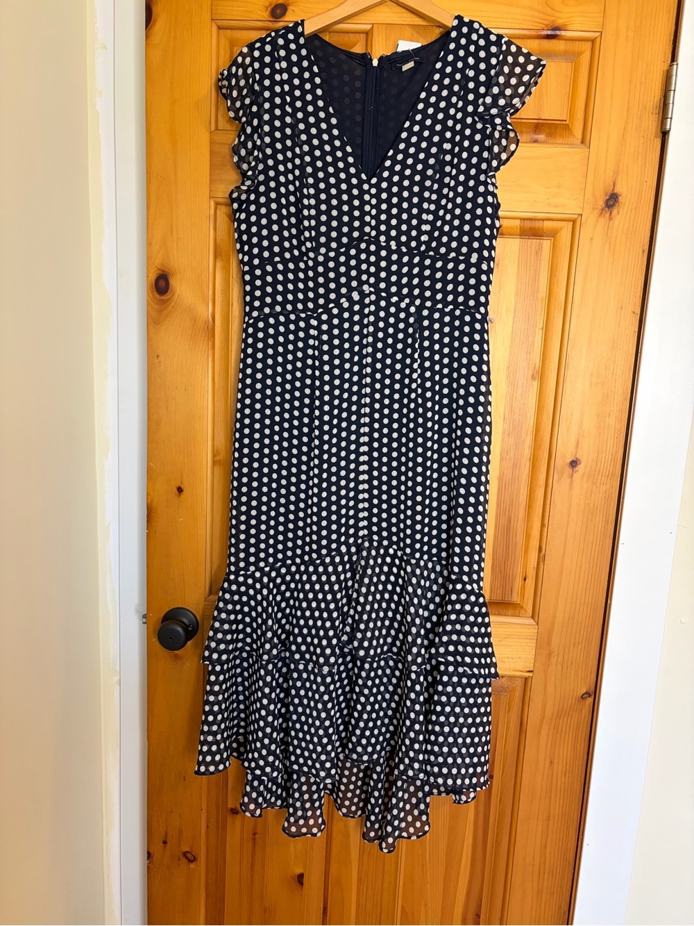 Tommy Hilfiger Navy and White Polka Dot Midi Dress with Ruffle Hem